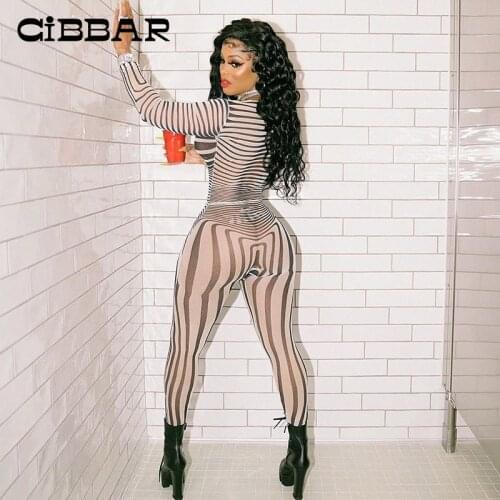 CIBBAR Striped Print Mesh Sexy Transparent Jumpsuit Women Retro Hipster Skinny Overalls One Piece Long Sleeve Bodycon Clubwear