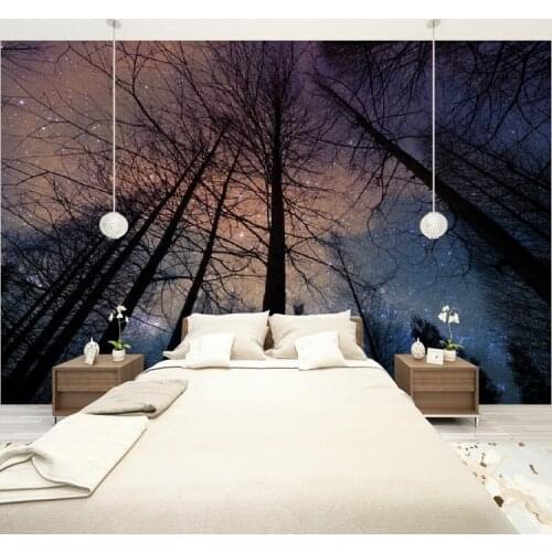Custom Size 3D Photo Mural Wall Sticker Forest Under A Starry Sky Removable Wall Papers Self-adhesive Vinyl Art Home Decor