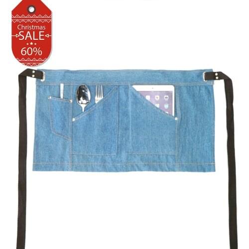 Style Blue Denim Waist Half Short Apron with Pockets Restaurant Waiters Waitress Chef Apron Kitchen Accessories