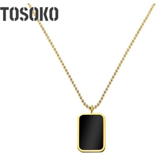 TOSOKO Stainless Steel Jewelry Simple Rectangular Tag Black Shell Pendant Necklace Female Clavicle Chain BSP528