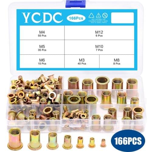 YCDC 166Pcs M3-M12 Rivet Nut Kit Zinc Steel Rivnut Insert Nutsert Threaded Set For Car Accesories Home Hardware