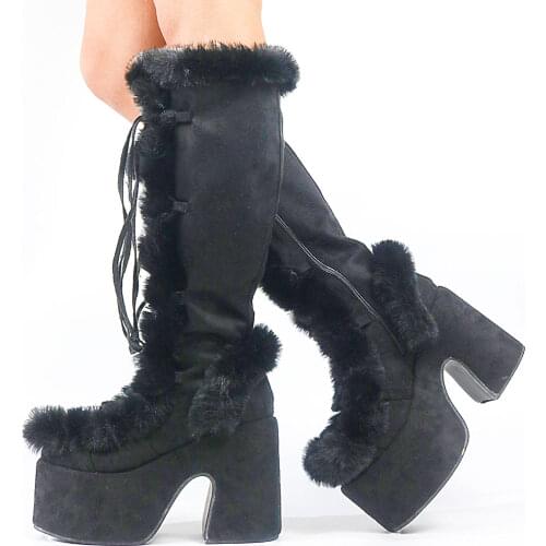 GIGIFOX Winter Fur Big Size 43 Black Brwon Gothic Chunky Boots High Heel Chunky Heels Platform Keep Warm Boots Shoes Women