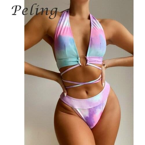 Deep V-Neck Tie Dye Womens Swimsuit Halter Two Pieces Sets Sexy Push Up Bandage Bikinis High Waist Bathing Suit Summer Swimwear