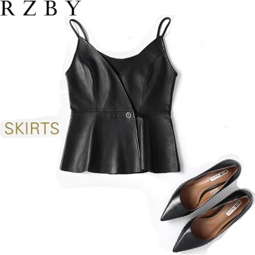 Women Solid Black Natural Real Sheepskin Sleeveless Fashion Vest Genuine Leather Waistcoats Tops Ruffles Short Outwear RZBY331