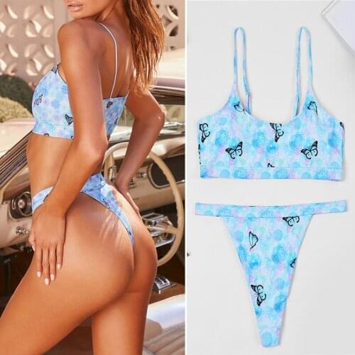 Women Split Swimsuit Printed Fabric Bust Padded High Waist Bikini Set Blue