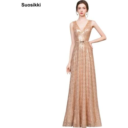 Sexy V-neck Evening Dress Robe De Soiree 2018 High Quality Gold sequin With Applique Evening Dresses Real Photo Vestido De Festa