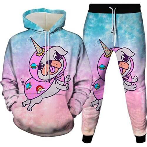 Anime Pig Pug Unicorn Rainbow Lovely Print Men Fashion Tracksuit Hoodie Jogger Pant 2pc Tracksuit Women Casual Clothe Size S-6XL