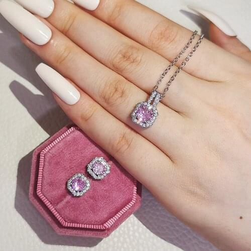 2pcs Pack 925 Sterling Silver Jewelry Engagement Ring Necklace Pendant For Wedding Bridal Jewelry For Women Earring J1104-pink