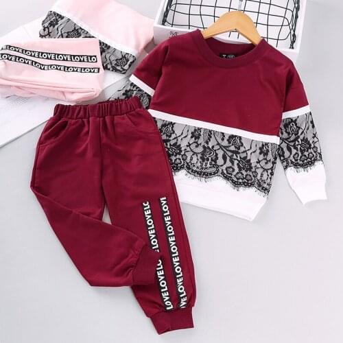 Kids Girl Autumn Casual Wear Long-sleeved Lace Tops Trousers Suit Sweet Lace Stitching Pullover T-shirt and Letter Elastic Pants