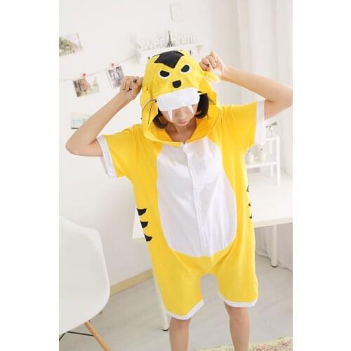 Yellow Tiger Adult Short SleeveCosplay Costumes Summer Autumn Cotton Pajama Onesie Funny Animal Jumpsuit Sleepwear for Women Men