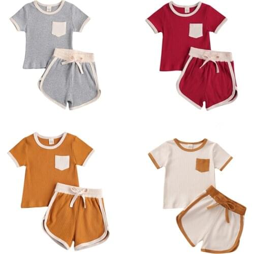 Baby Summer Clothing Kids Baby 2-piece Ribed Outfit Set Short Sleeve Pocket Top+Shorts Set for Children Boys Girls