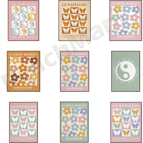 Flower market print set, colorful flowers, butterflies, Danish pastel decoration, pastel room decoration, colorful art wall post