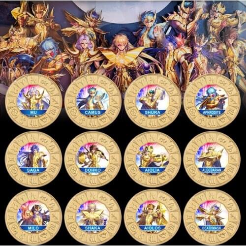 Saint Seiya Signs of The Zodiac Gold Saint Commemorative Coin Set with Coin Holder Japan Anime Challenge Coin Gift for Boys Men