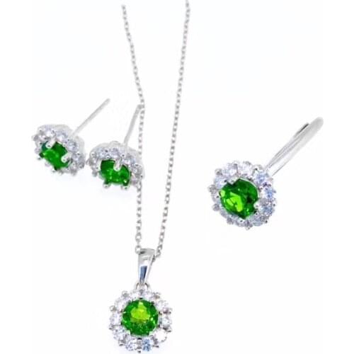 Natural green diopside gem jewelry sets natural gemstone ring earrings necklace S925 silver Simple compact round Women girl gift