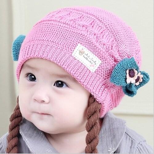 2021 Autumn Winter Warm Knitted Wool Beanie Hat for Girl Cute Baby Cap Hats with Braids Infant Headwear Kids Accessories 3-18M