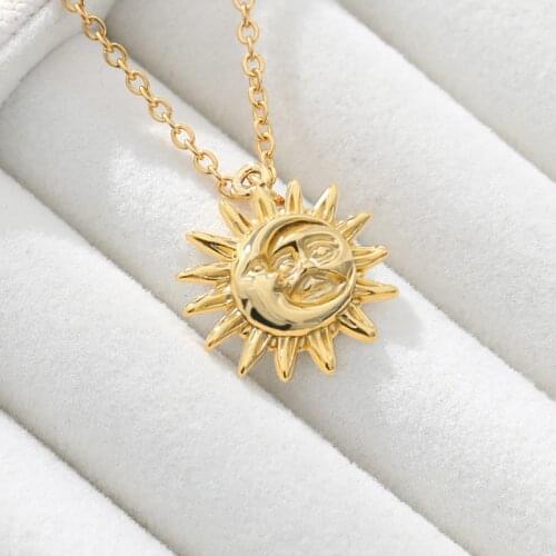 Boho Moon and Sun Face Stainless steel Necklace Neck Pendants Women Gold Minimalist Layered Coin Necklaces Friends Gift Choker