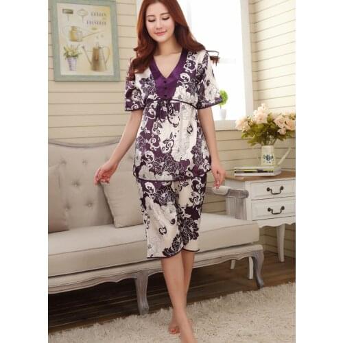 Summer style women pajama sets sleep&lounge female faux silk sleepwear Chinese floral couple nightwear pijamas lady pyjamas