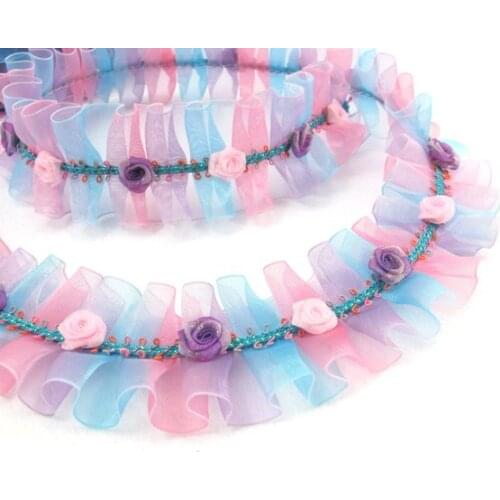 Pleated Trim|w Rococo Flower Trim|1 1/2 Inches Pleated Ombre Printed Chiffon Trim|Organza Chiffon Trim|Retro Handmade Supplies