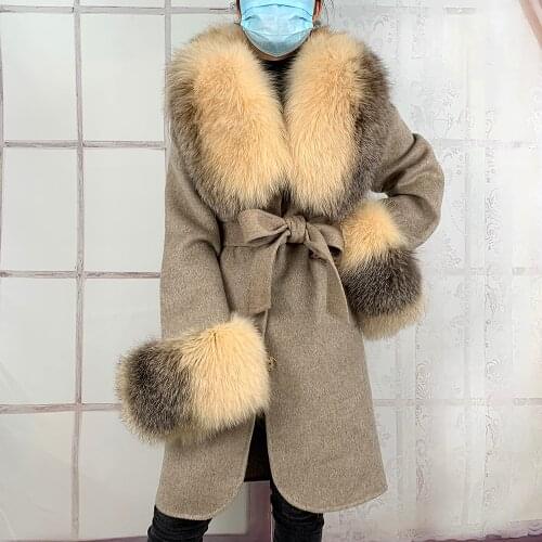 FUREALUX Womens Woolen Coat With Real Natural Fox Fur Collar Cuffs Fashion Trend For Autumn Winter New Warm Lace Clothing