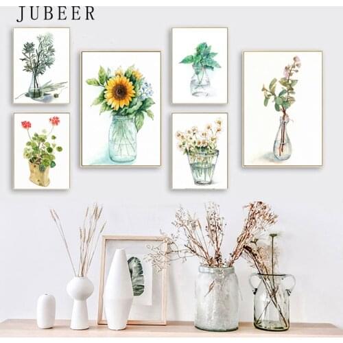 Scandinavian Style flowers poster Green plant wall art Leaf pot canvas painting pictures for living room home decoration modern