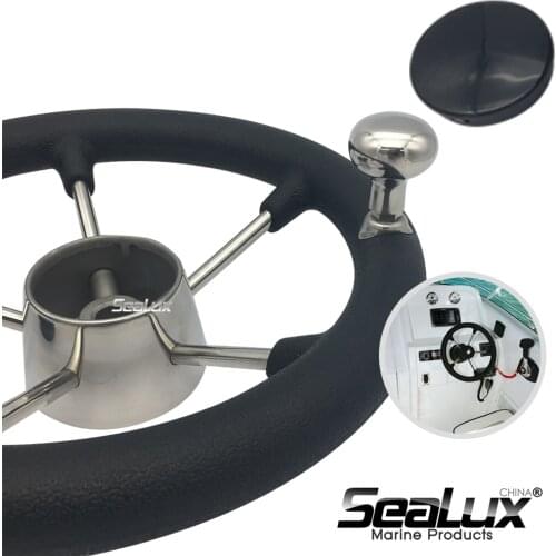 Sealux Stainless Steel 11" Steering Wheel with PU Foam, Black PC cap and knob for Marine Boat Yacht Fishing