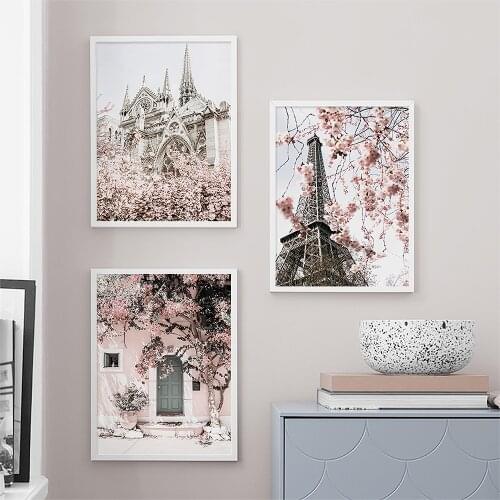 Nordic Paris London Tower Art Wall Canvas Painting Pink Flower Quote Posters Prints Window Door Pictures For Living Room Decor