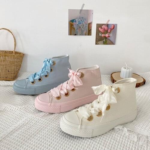 Japanese sweet solid color high-top lace-up canvas shoes 2021 spring and autumn womens fashion casual shoes large size 35-40