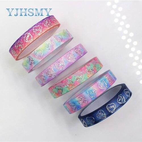 YJHSMY G-18609-379,10 mm 5 Yards laser Silver Heart-shaped love Printed grosgrain ribbon DIY headdress wedding gift wrap