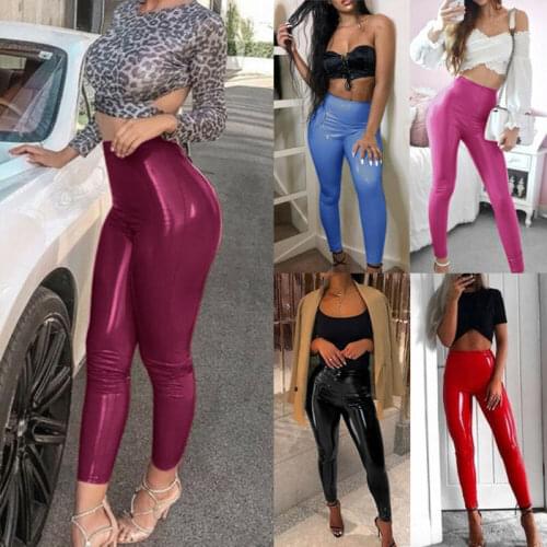 Womens Ladies Fashion Pu Leather High Waist Pencil Pants Stretch Trousers Pants Streetwear Clubwear Blue Black Wine Red Pink