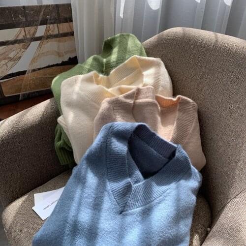 Retro Cashmere Sweater Pullover Womens Winter Fashion Loose V-Neck Causal Long Sleeve Bottomed Sweater Outer Top