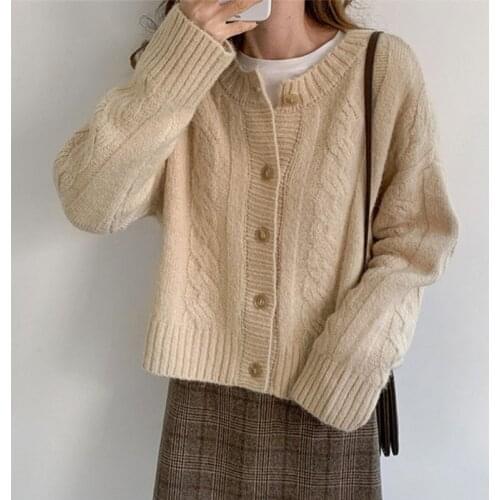 Womens Short Style Cardigan Spring Autumn Round Neck Long Sleeve Ladies Sweaters Casual Single Breasted Knitted Wear for Female