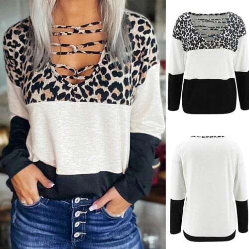 Womens Fashion Low Cut V-Neck Stitching Leopard Print Casual Long Sleeve Top Black