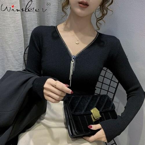 Fall Winter Knit Sweater European Clothes Women Fashion Sexy V-Neck Shiny Diamonds Zipper Pullover Long Sleeve Tops 2021 T17925A