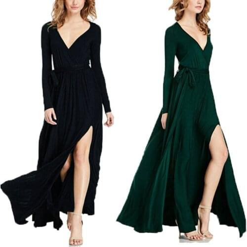 Fall/Winter 2021 Womens Long Sleeve V-neck Dress, Solid Color Sexy Side Open Evening Dress, Large Swing and Mopping Dress