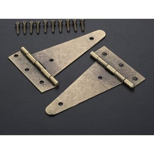 2 Pcs T Shape Cabinet Shed Wooden Door Gate Hinges Heavy Duty Bronze Triangle Hinge Furniture Hardware with Screws 101*60mm