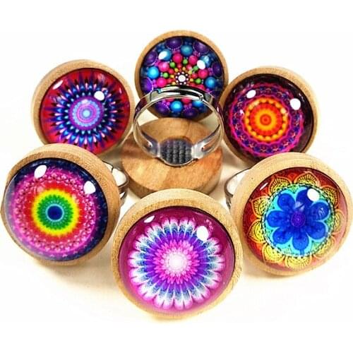 24pcs/lot Log, dark brown Wood Cabochon Ring Base with Mandala Flower Photo Glass Cabochon Ethnic Style Adjustable ring