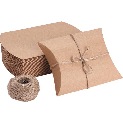 30pcs Brown Kraft Paper Pillow Candy Boxes with Hemp Cord Jute Twine for Wedding Favors Baby Shower Birthday Party Supplies
