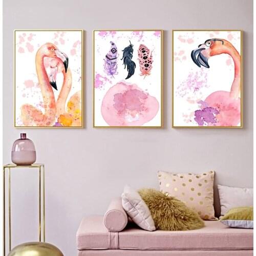 Watercolor Pink Flamingo Feather Canvas Poster and Print Wall Art Painting Nordic Kids Decoration Pictures Baby Bedroom Decor