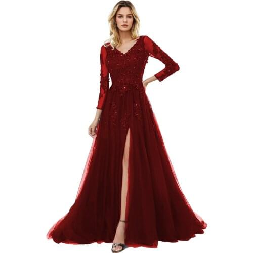 BEPEITHY 2020 V neck Aline Prom Dresses Long Sexy Backless Lace Bodice Evening Party Gowns With Long Sleeves