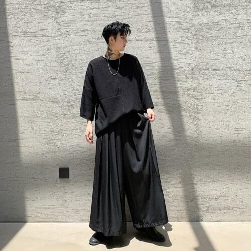 Mens Pant Japanese Style Solid Black Loose Cotton Soft Wide Leg Pants Summer New Hip Hop Folds Casual Fashion Streetwear 2021