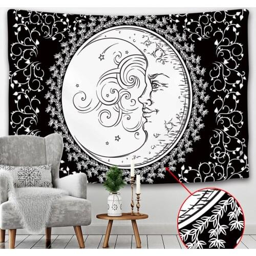 Black and White Sun Moon Witchcraft Mandala Home Decor Tapestry Bohemian Decor Hippie Bedroom Sheet Yoga Mat Sofa Blanket