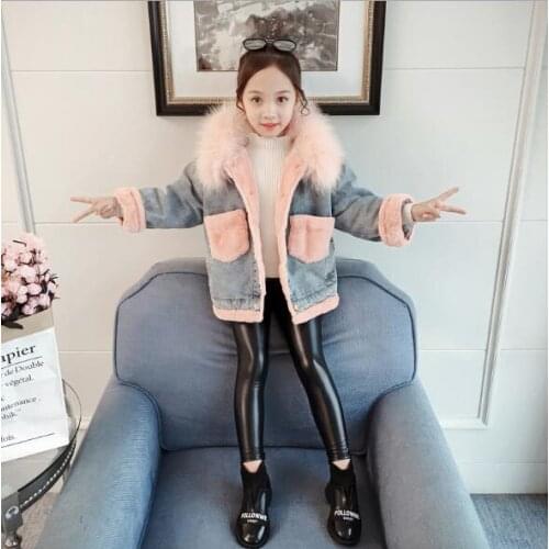 Winter Baby Girl Denim Jacket Plus Fur Warm Teenage Girl Outerwear Plush Denim Jacket cotton 4-14 Years Kids Pocket Denim Coat