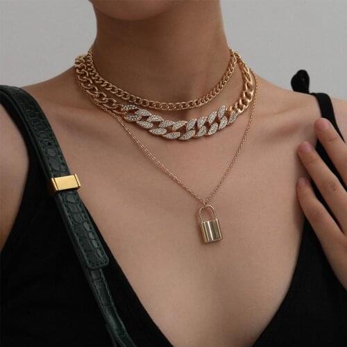 Gothic Lock Shape Pendant Necklace Double Layered Shiny Rhinestone Chain Choker Necklace Jewelry for Lover Valentines Gifts