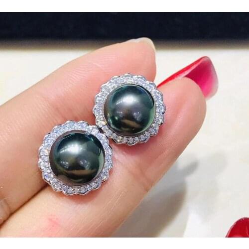 HENGSHENG New 9-10mm Tahiti Natural-Ocean Round Black Pearls Stud Earrings For Women 925 Sterling Silve Earrings Fine Jewelry