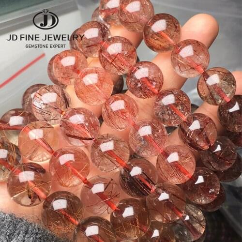 JD Genuine Natural Copper Hair Rutilated Quartz Gemstone Stretch Round Crystal Beads Bracelet Rare 8-15mm High Quality Jewelry
