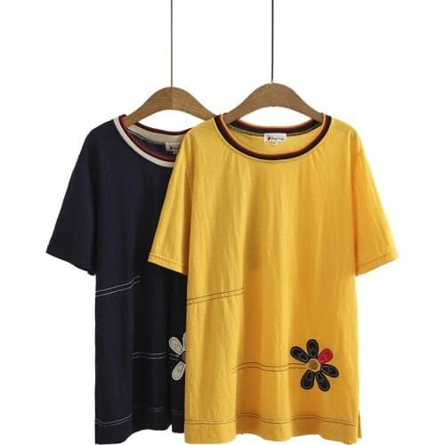 Summer T-Shirt Women Clothes Tees 2021 Casual Plus Size Tops Short Sleeve O Neck Embroider Camiseta Mujer Middle Aged