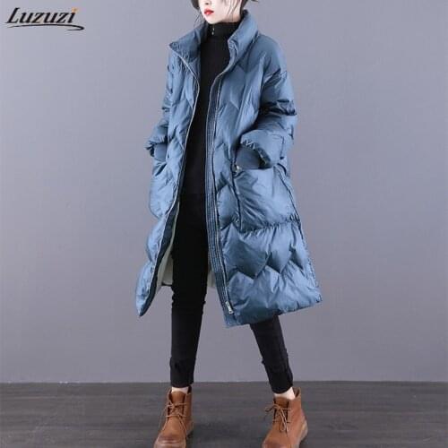 Luzuzi 90% White Duck Down Coat Women Winter Loose Warm Stand-up Collar Long Jacket Female Thick Parker Fluffy Snow Outwear