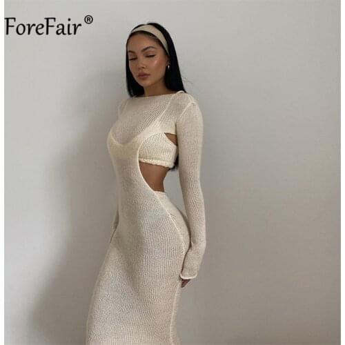 Forefair 2021 Autumn Knitted See Through Long Sleeve Long Dress Women Elegant Backless Cut Out Shawl Dresses 2 Pieces Set