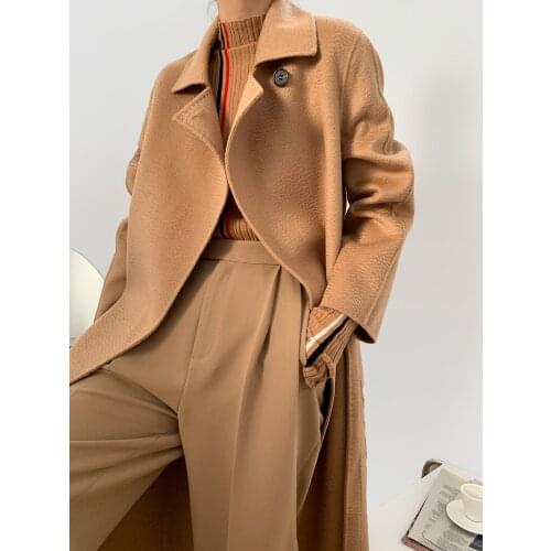 High-end water ripple temperament mid-length double-sided cashmere coat woolen coat female Korean version 2021 new