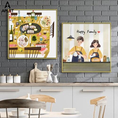 Happy Family Dinner Canvas Prints Kitchen Food Wine Painting Posters Wall Art Picture for Dinning Room Restaurant Decoration